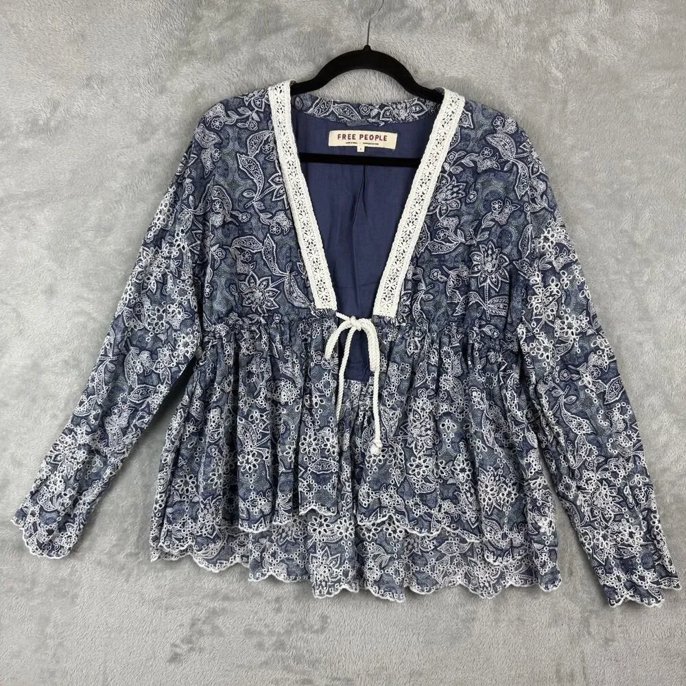 Free People Anissa Bed Jacket Women's Size S Blue Floral Tie Front Eyelet Boho